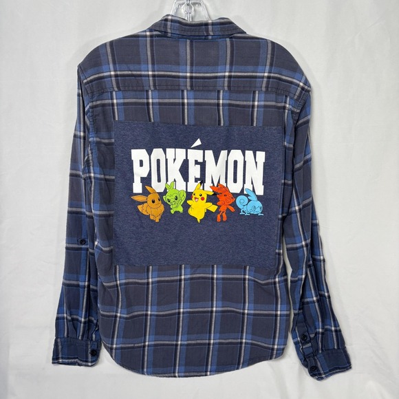 Pokemon Upcycled Custom Blue Plaid Flannel Shirt shacket for Fall - Size Medium - Picture 1 of 7